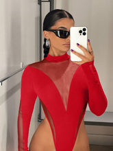 Contrast Mesh Mock Neck High Cut Black Bodysuit